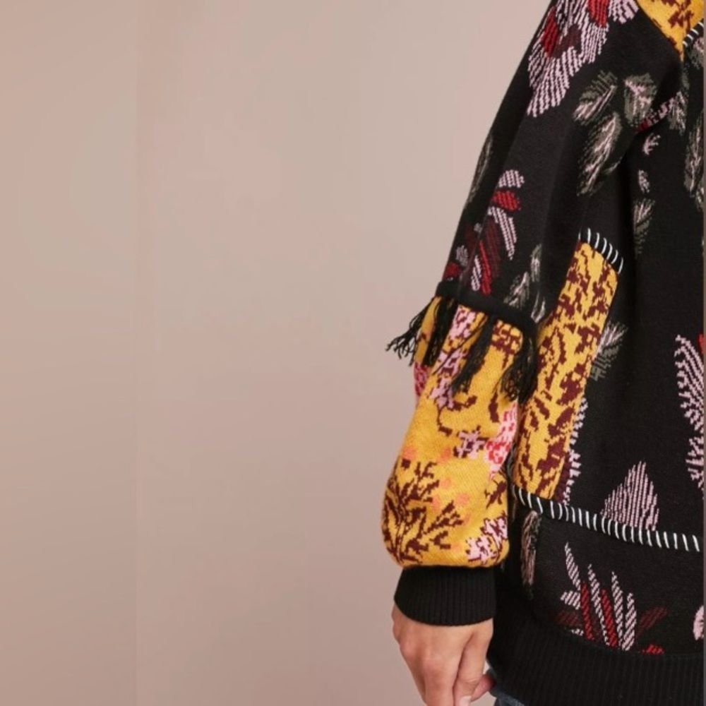 LAIA Tabatha Patchwork Sweater Embroidered Fringe Floral Black Pink Gold Size XL - Picture 4 of 15